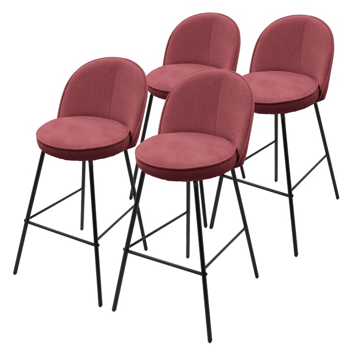 4x Scaune de bar hocker ML-Design tapiterie in culoare rosu din tesatura, inaltime 75 cm, cu spatar si suport pentru picioare, structura metalica modern pentru bucatarie, mobilier de bar bistro