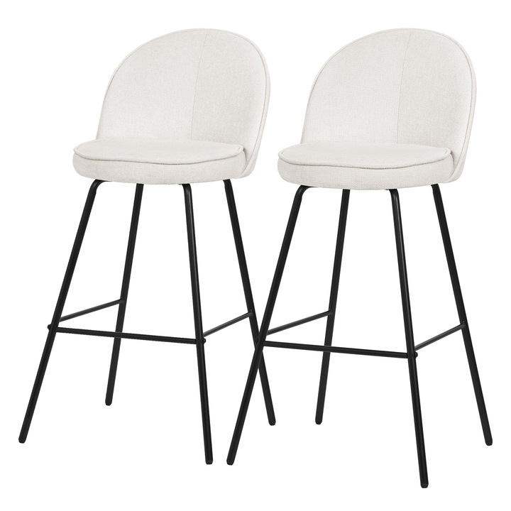 2x Scaune de bar hocker ML-Design tapiterie bej din tesatura, inaltime 75 cm, cu spatar si suport pentru picioare, structura metalica modern pentru bucatarie, mobilier de bar bistro