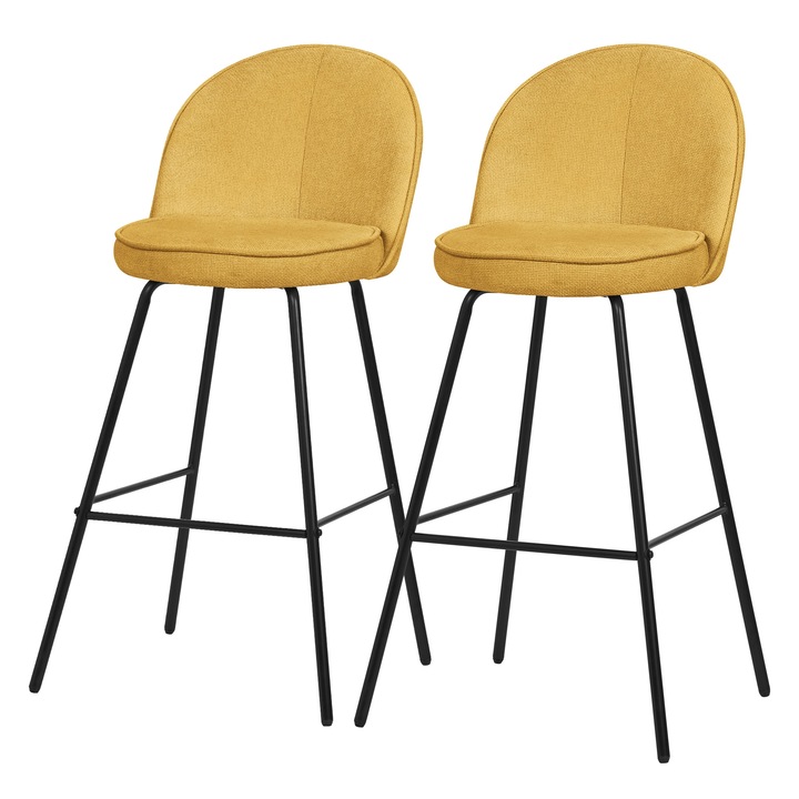 2x Бар столове hocker ML-Design, тапицерия в цвят горчица от плат, височина 75 см, с облегалка и подложка за крака, модерна метална конструкция за кухня, мебели за бистро бар