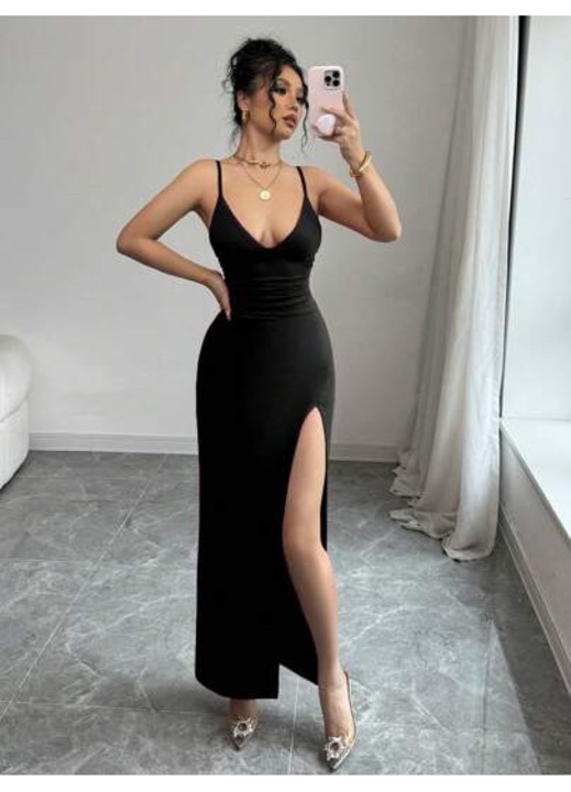 Rochie dama, lunga, neagra, elastica, cu bretele, M