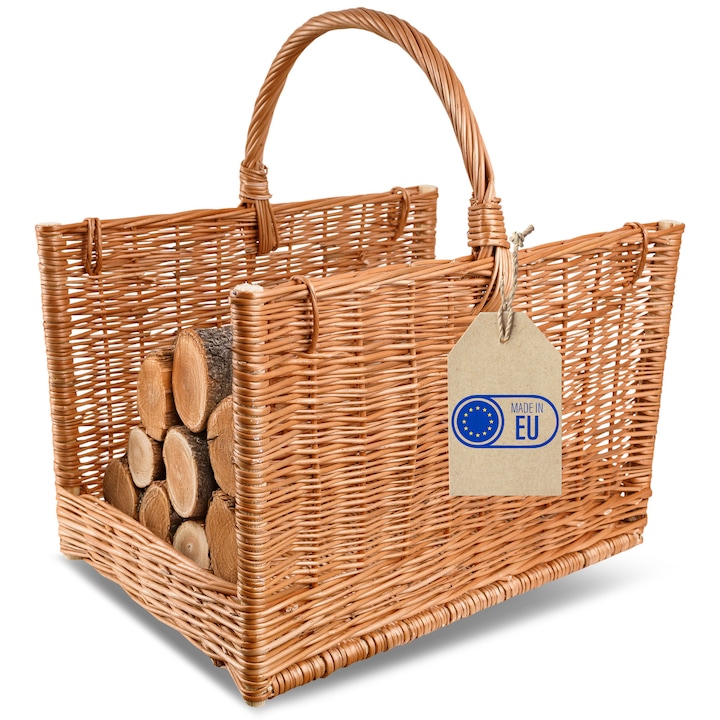 Coș din rachită pentru lemne Creative Home, dreptunghiular, 50x34x50 cm, capacitate 10 kg, maro natural