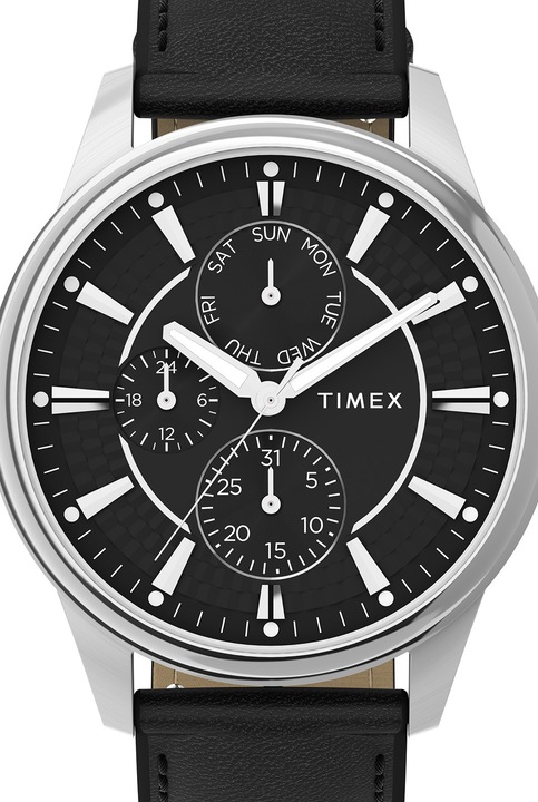 Timex, Часовник Chicago с кожена каишка - 45 мм, Сребрист, Черен