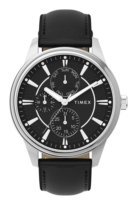 Timex, Часовник Chicago с кожена каишка - 45 мм, Сребрист, Черен