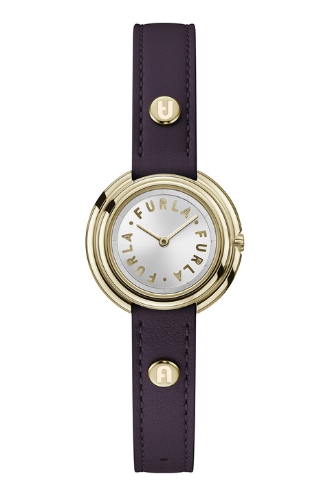 Furla, Ceas din otel inoxidabil cu functii multiple si curea din piele, Auriu, Maro inchis