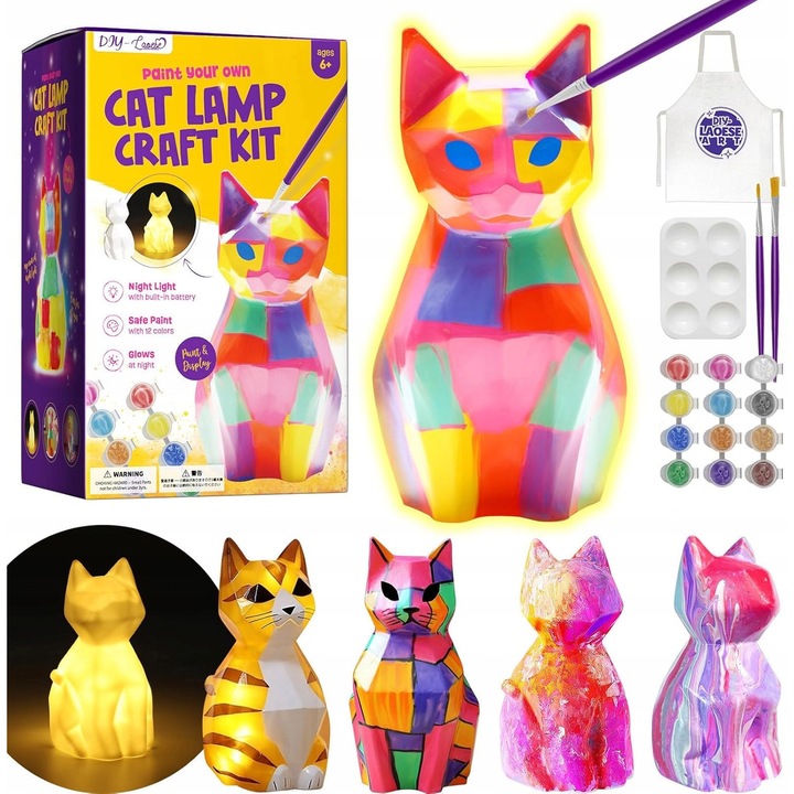 Set de pictura 3D cu pisica, 12 culori, 2 pensule, 1 paleta, 1 sort, dimensiuni 13,2x7x7,6 cm