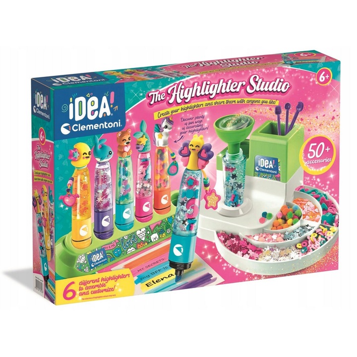 Set creativ Clementoni, Laborator Creioane Fluorescente, 6 markere colorate personalizabile, peste 50 accesorii, pentru copii de la 6 ani