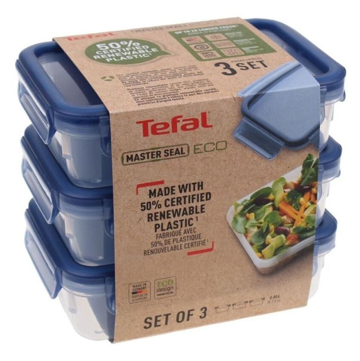 Tefal - Set cutii de depozitare Masterseal Eco 3 x 0, 8L - N1171718 - pentru Ustensile de bucatarie