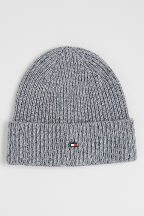 Tommy Hilfiger, Кашмирена шапка с лого, Меланж тъмно сиво