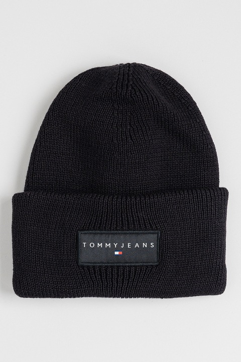Tommy Jeans, Caciula striata cu aplicatie logo, Negru