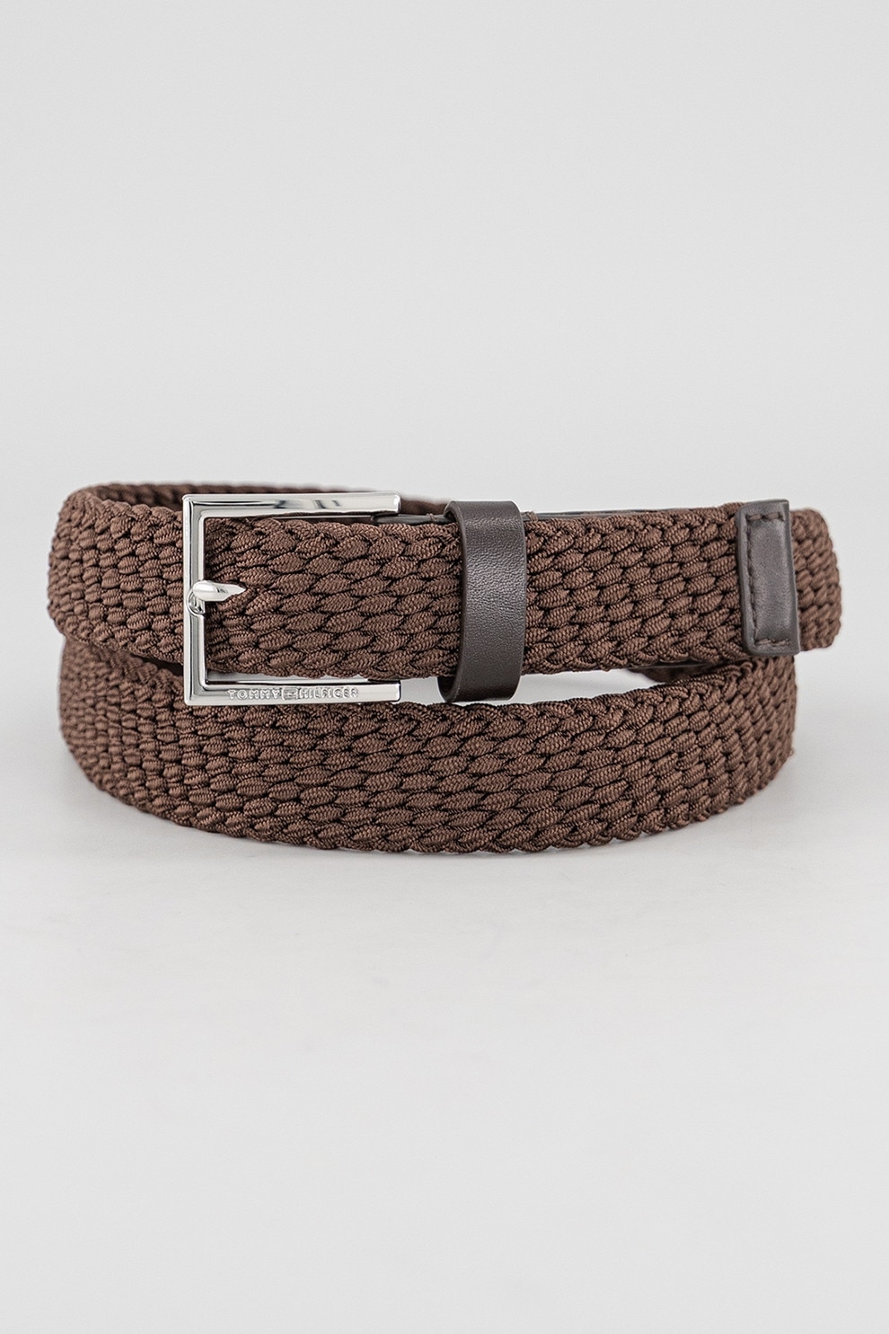 Tommy Hilfiger, Curea din piele cu model tesut, Maro inchis, 90