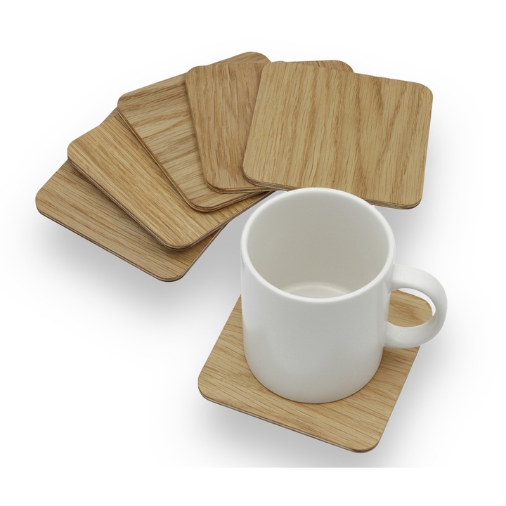 Peewit 6 db tölgy poháralátét készlet, minimalista stílusú, 10x10 cm, natúr