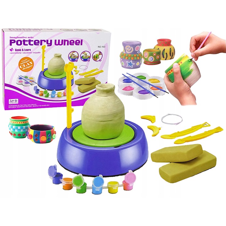 Set Creativ Dromader Roata Olarit cu Accesorii si Argila, 6 culori de vopsea, dimensiuni 33x24x8cm
