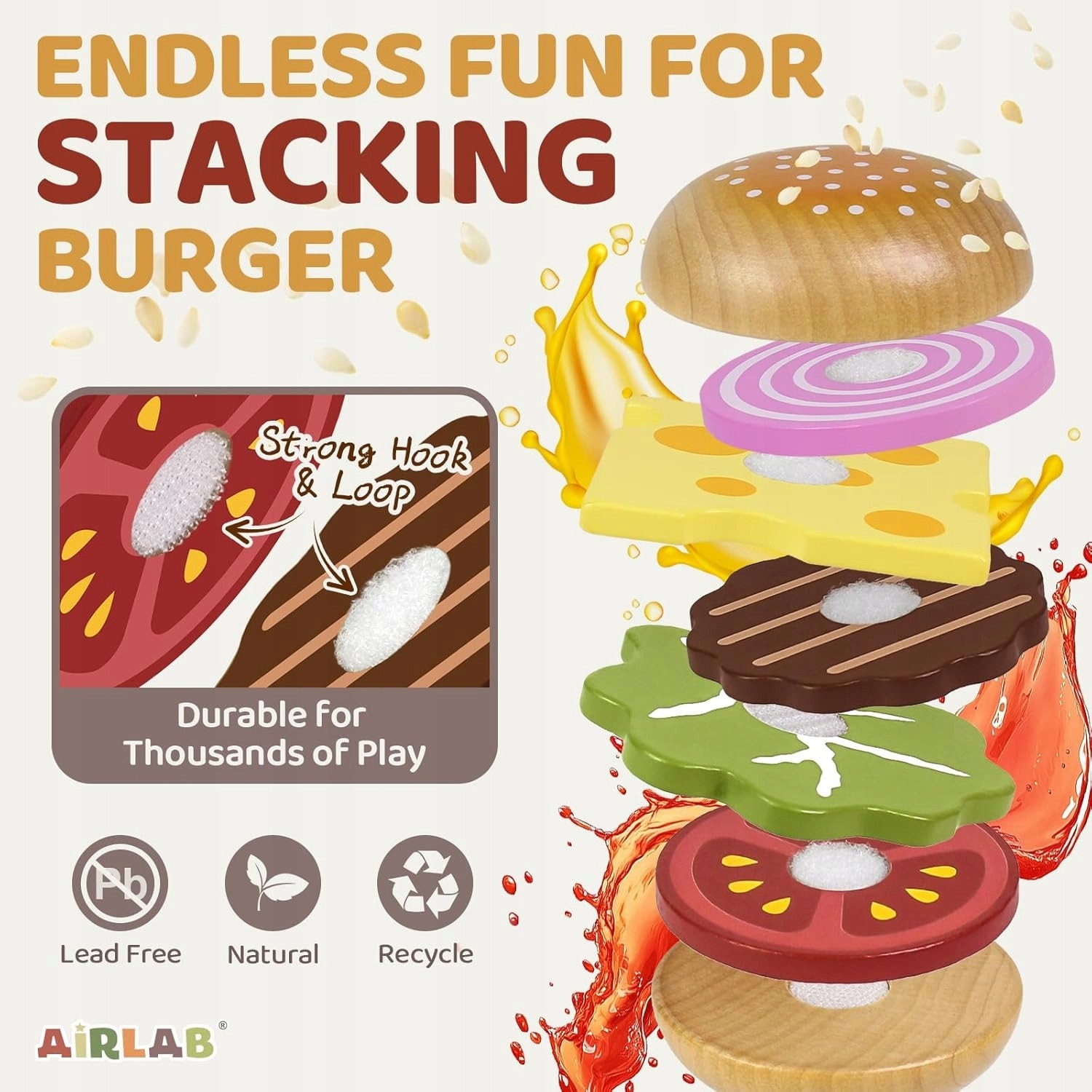 Set de joaca din lemn fast food, 37 piese, hamburgeri, cartofi
