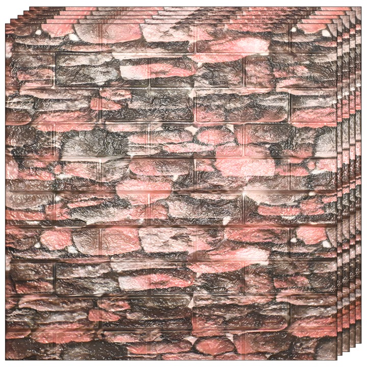 10x Tégla Tapéta 3D Teno® Szett, Kő mintás, 5.3 nm fedőfelület, öntapadós, vízálló, könnyen felszerelhető, modern design, 70x77 cm, rózsaszín