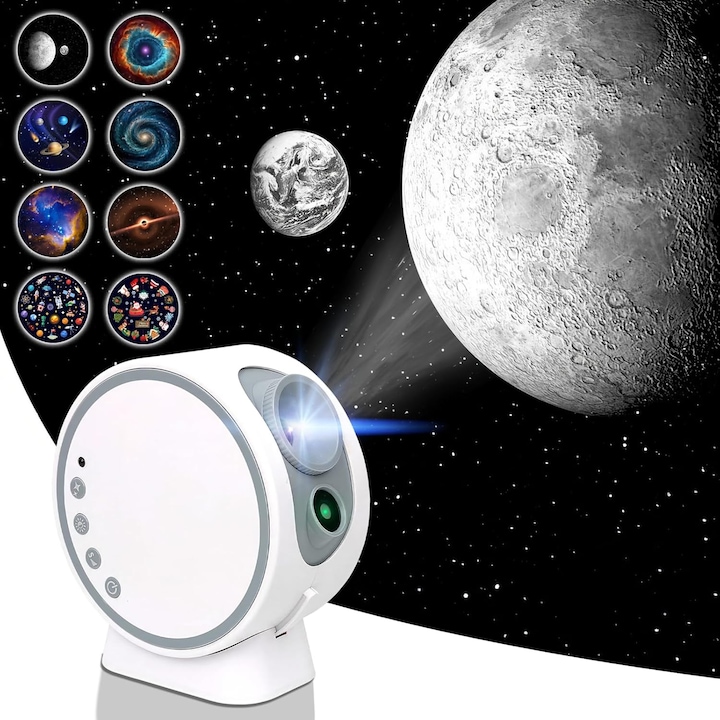 Planetárium projektor, 8 lemezes, fehér, Bluetooth hangszóróval, alvásidőzítővel, 3 fényerőfokozattal