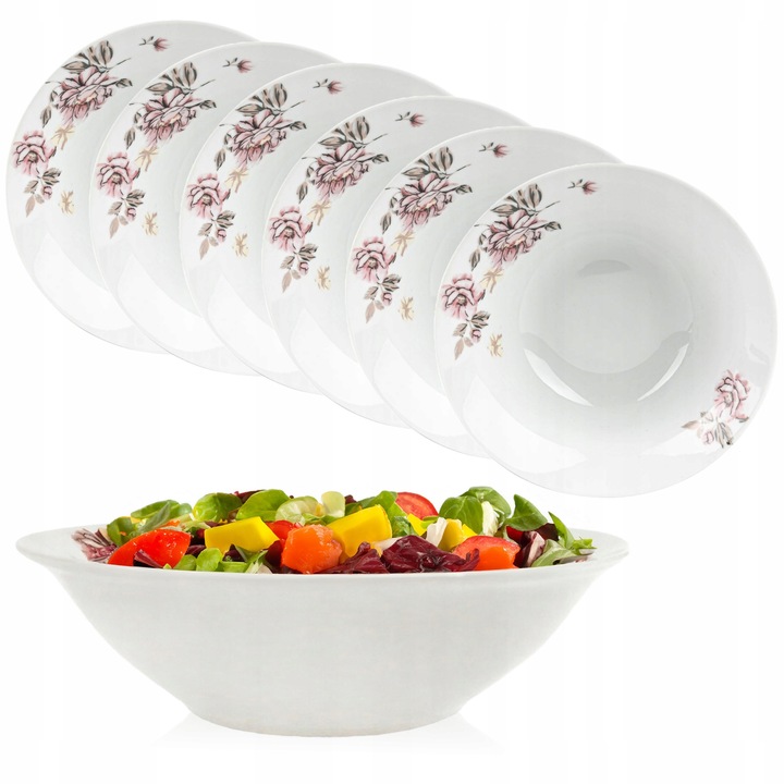 6 darabos salátástál készlet, fehér porcelán, virágmintás, 18 cm