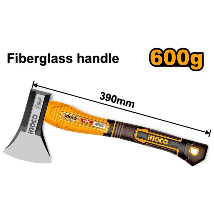 Брадва INGCO със стъклопластова дръжка, 600гр, кована глава на брадва, дължина 390мм