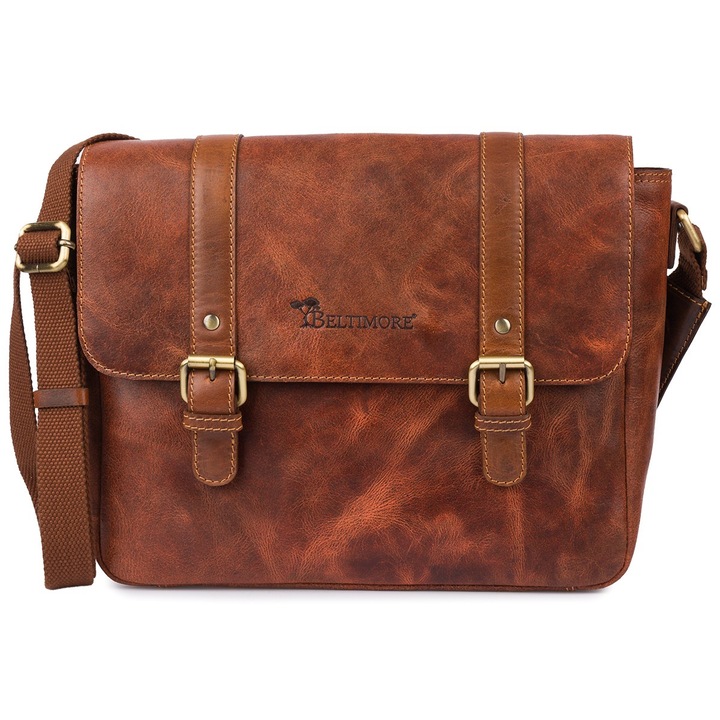 Férfi bőr laptoptáska, Beltimore, N16 modell, barna, mérete 32x28x11cm, állítható pánttal.