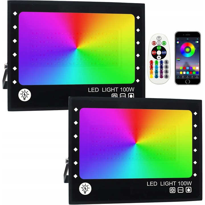 Set de 2 Proiectoare LED RGB 100W, IP66, control Bluetooth, 192 LED-uri