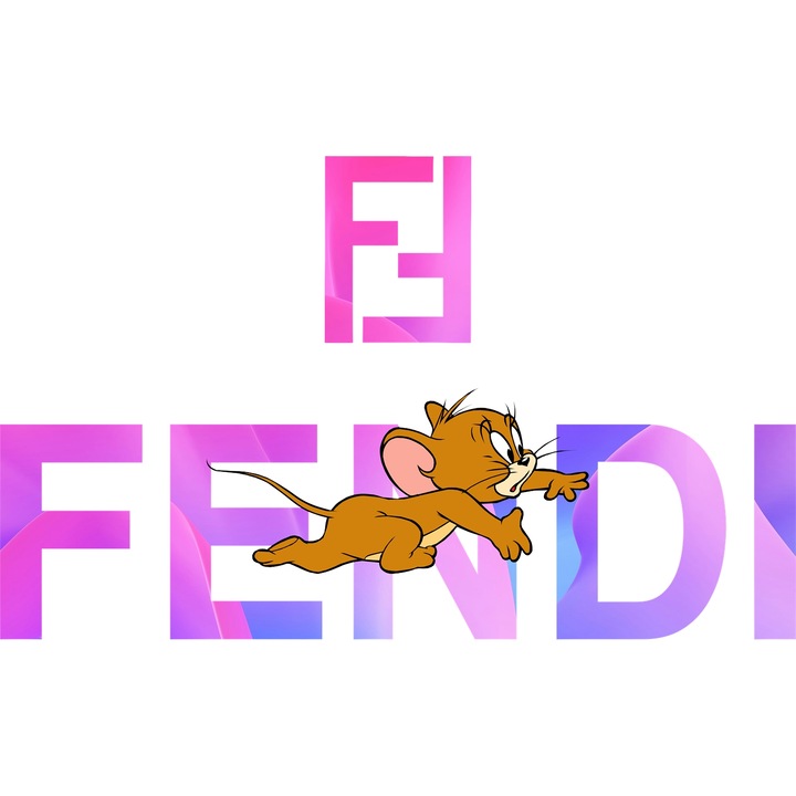 Sticker Adeziv Cu Tom si Jerry, Cu Textul "Fendi" - Design 2, cu Margini Albe, PVC Vinyl 80CM