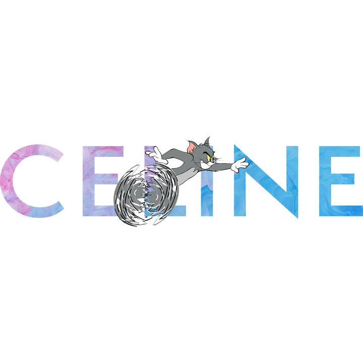 Sticker Adeziv Cu Tom si Jerry, Cu Textul "Celine" - Design 4, cu Margini Albe, PVC Vinyl 40CM