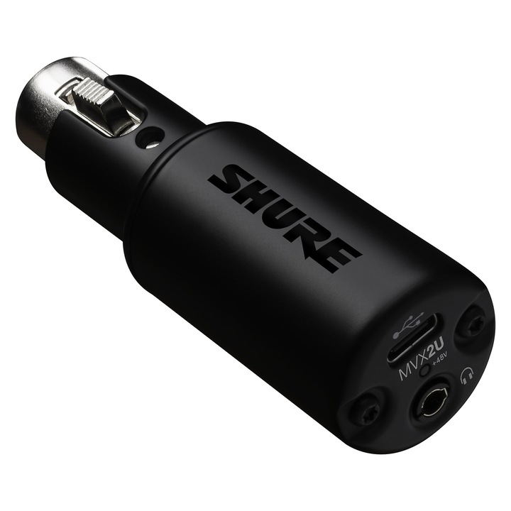 Interfață audio Shure MVX2U XLR-USB, preamplificator integrat, monitoring cu latență zero, alimentare phantom 48V