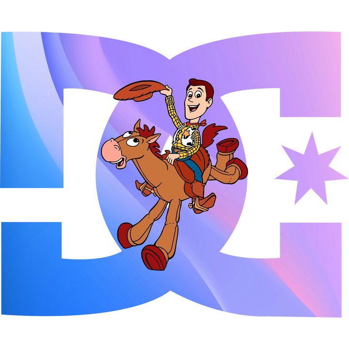 Sticker Adeziv Cu Toy Story, Cu Textul "DC" - Design 6, cu Margini Albe, PVC Vinyl 70CM