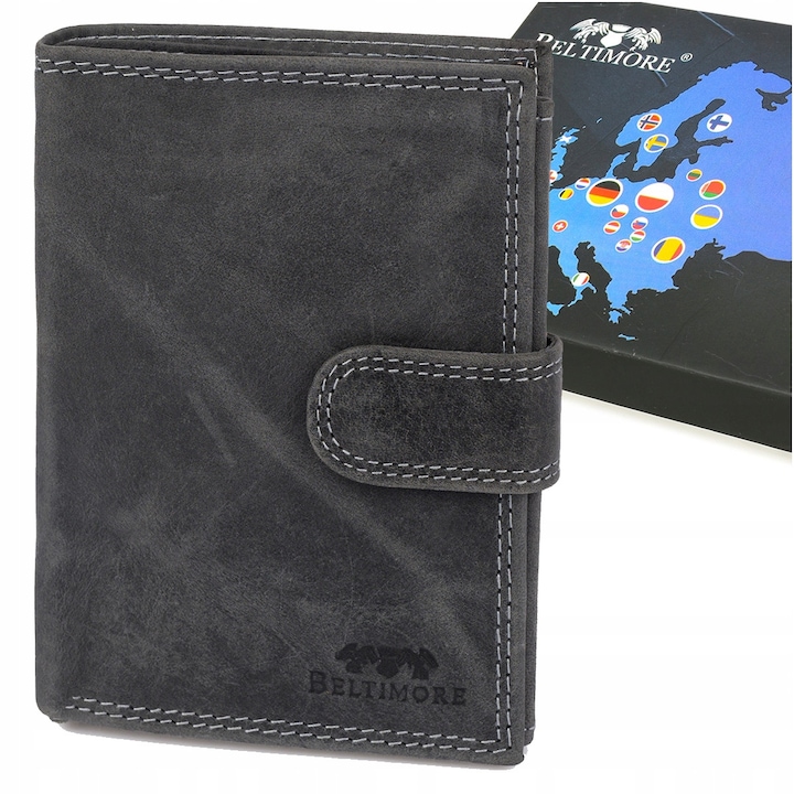 Portofel barbati din piele naturala, model S49, negru, vertical, cu inchidere externa, set cu cutie eleganta