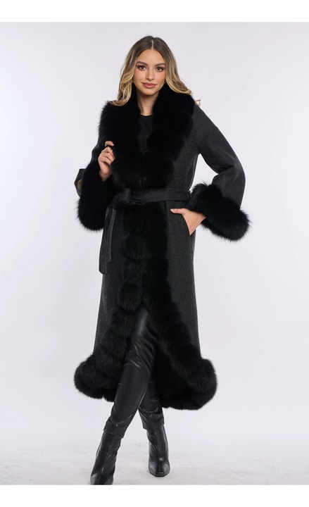 Palton lana alpaca cu blana naturala de vulpe negru One Size