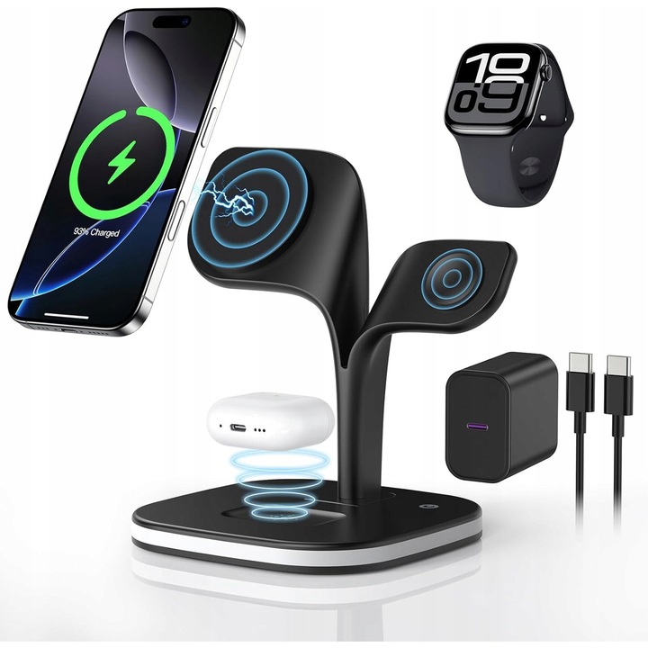 Statie de incarcare 3-in-1, Luka, 20W, pentru iPhone, Apple Watch si AirPods, cu lampa, alb