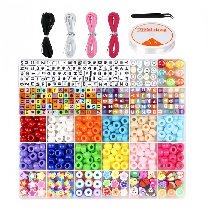 Set DIY Bratari si Coliere – 800 Margele Colorate cu Litere, Forme si Accesorii, pentru Copii si Adulti, Activitati Creative si Handmade Multicolor