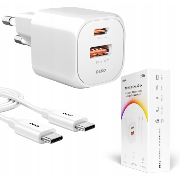 Incarcator rapid USB-C cu cablu USB-C 100W, Deko, 20W, alb, set