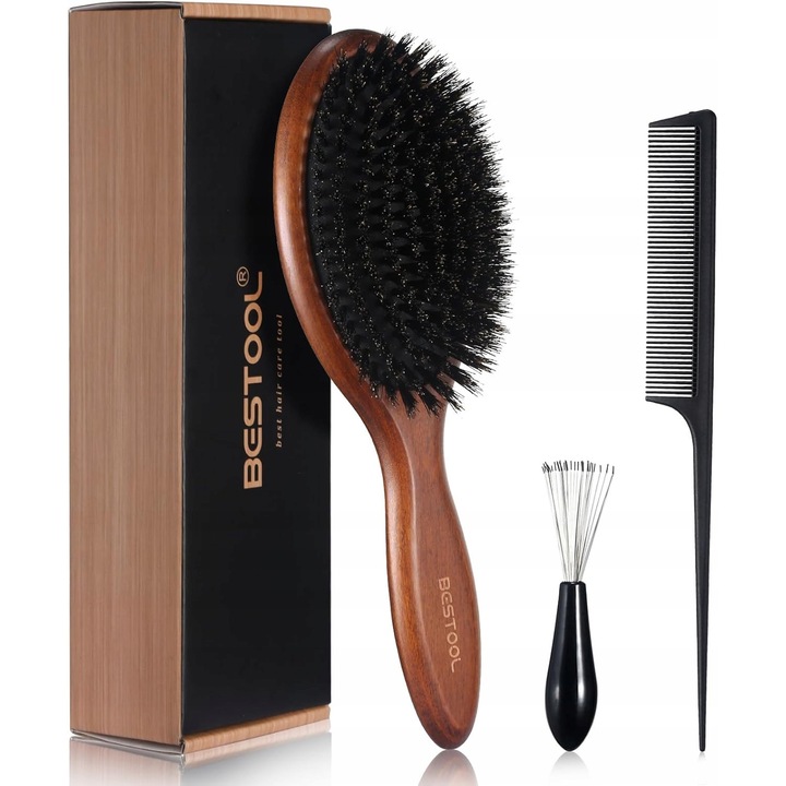 Perie de par din par de mistret, lemn de fag, pentru par subtire, set de curatare