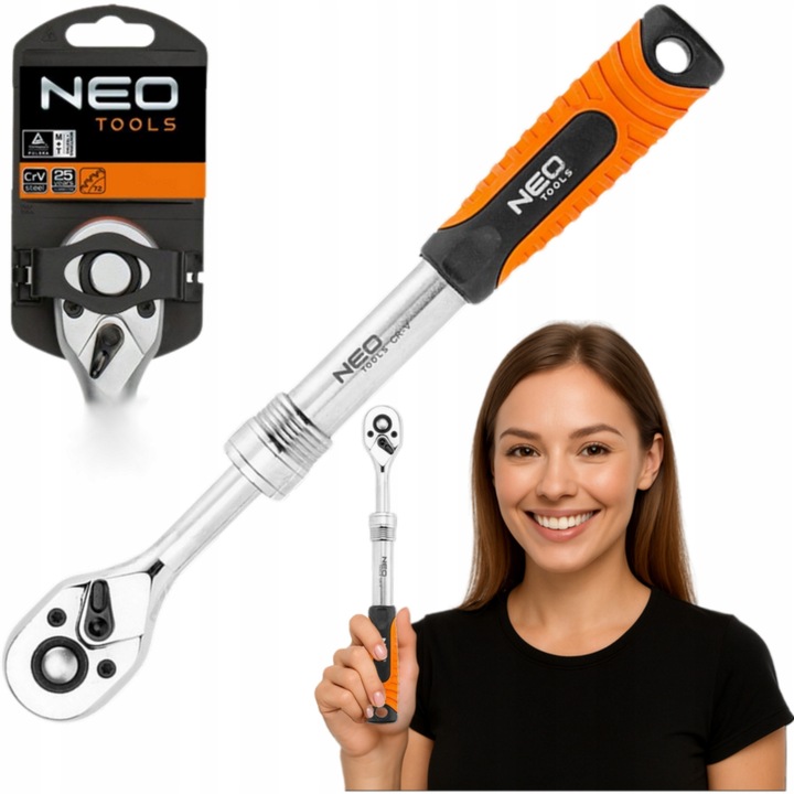 Cricheta Telescopica 1/2" NEO 305-445mm, 72 Dinti, Otel CrV+CrMo