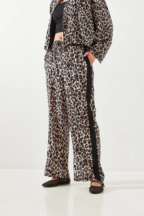 Pantaloni dama, HiCCUP, cu talie inalta, imprimeu leopard, croiala larga, poliester/bumbac, multicolor