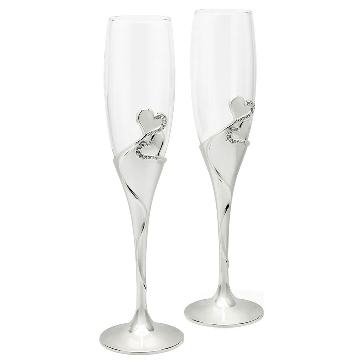 Set de 2 pahare de sampanie Zilverstad, cu picior din otel argintiu decorat cu pietricele, 69x260mm