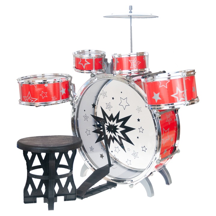 Set percutie pentru copii, Top Gift, 5 batai, cu tobe si taburet, 36x31x16cm