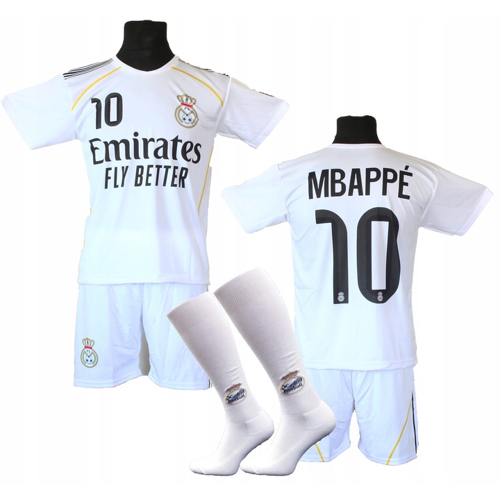 Комплект футболно оборудване, тениска, къси панталони, чорапи, полиестер, бял