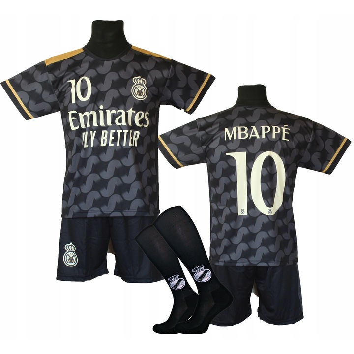 Комплект футболна екипировка, фланелка, къси панталони, чорапи, полиестер, черен