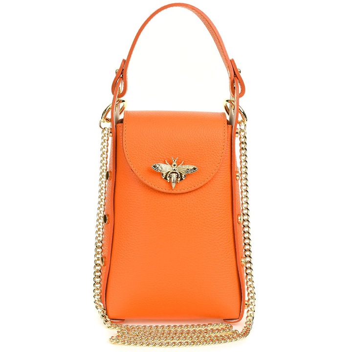 Vezze Vespa Grande bőr táska, narancssárga, könnyű, arany lánccal, nőknek