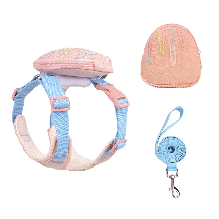 Set ham/lesa pentru piept - design dragut, respirabil, roz, potrivit pentru caini si pisici de talie mica, marime M