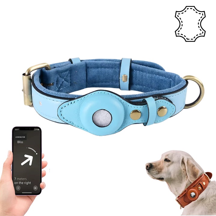 Zgarda BIZAIMO® din Piele Naturala pentru Caini, Ajustabila, Compatibila cu AirTag, 51cm, Marimea M, Albastru