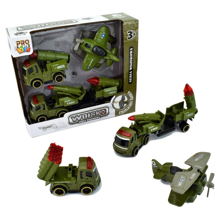 Set masinute EXIMP, 3 vehicule militare, avion cu functie de tragere, 24,5x7,5x21,5cm