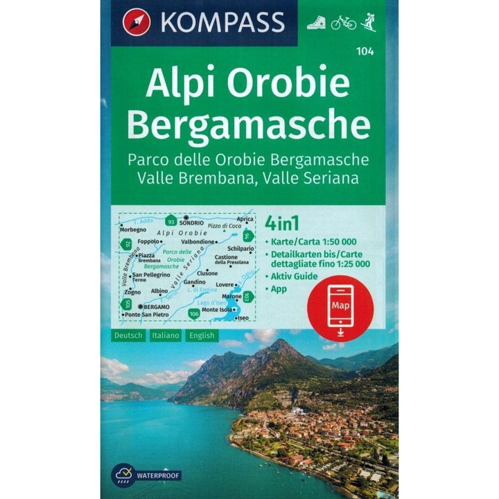Harta turistica waterproof Alpi Bergamske, Kompass, 1:50 000, cu mini ghid 64 pagini