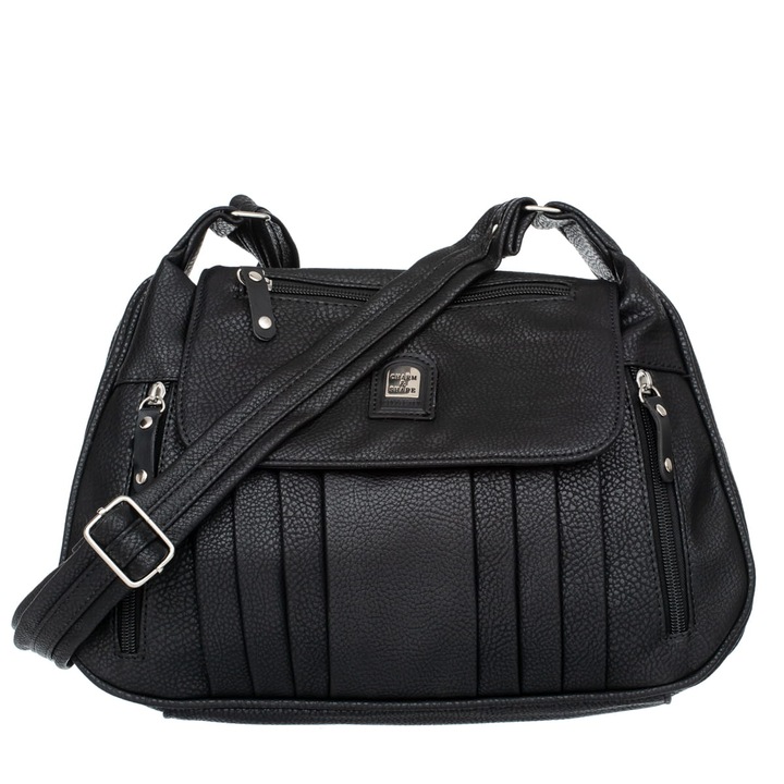 Geanta dama Charm & Shape, medie, piele ecologica, neagra, cu multiple compartimente, curea reglabila