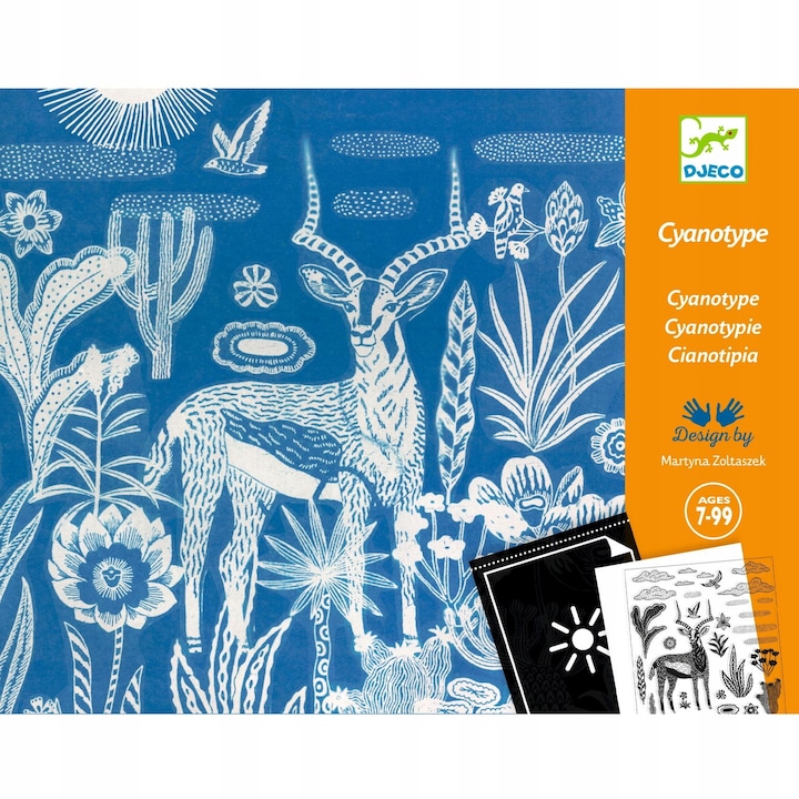 Set creativ Djeco SAWANNA cianotipie, 8 coli hartie fotosensibila, 127 sabloane, 21x28cm, 30x23x4.5cm