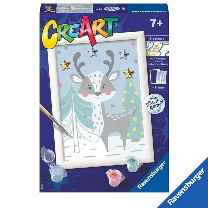 Set pictură prin numere, Ravensburger, Caprioara de iarnă, vopsele acrilice, 7 ani+
