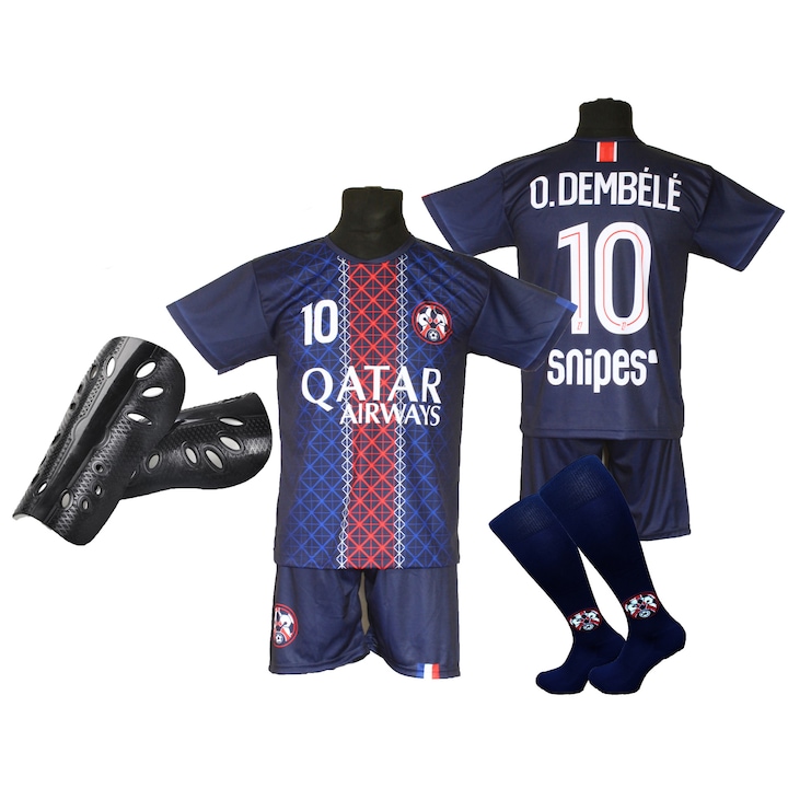 Комплект футболна екипировка, тениска, къси панталони, чорапи и предпазители, тъмносиньо/червено