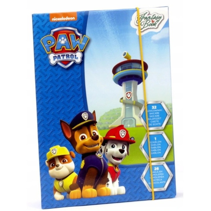 Caiet de schițe Paw Patrol, TM Toys, 32 foi, sablon și autocolante, 21x15x1cm