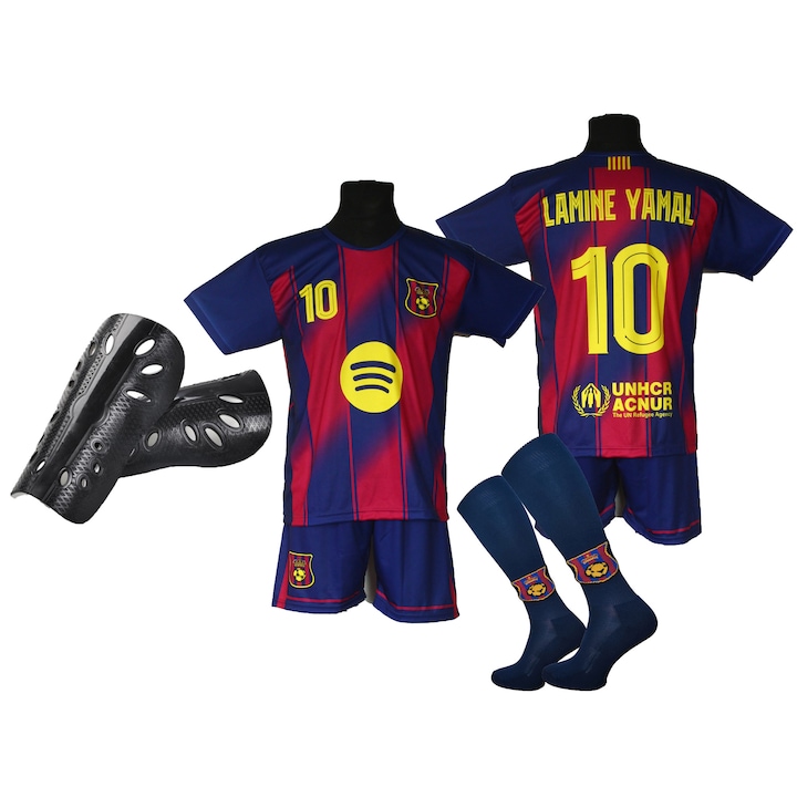 Комплект футболна екипировка, тениска, къси панталони, чорапи и предпазители, синьо/червено